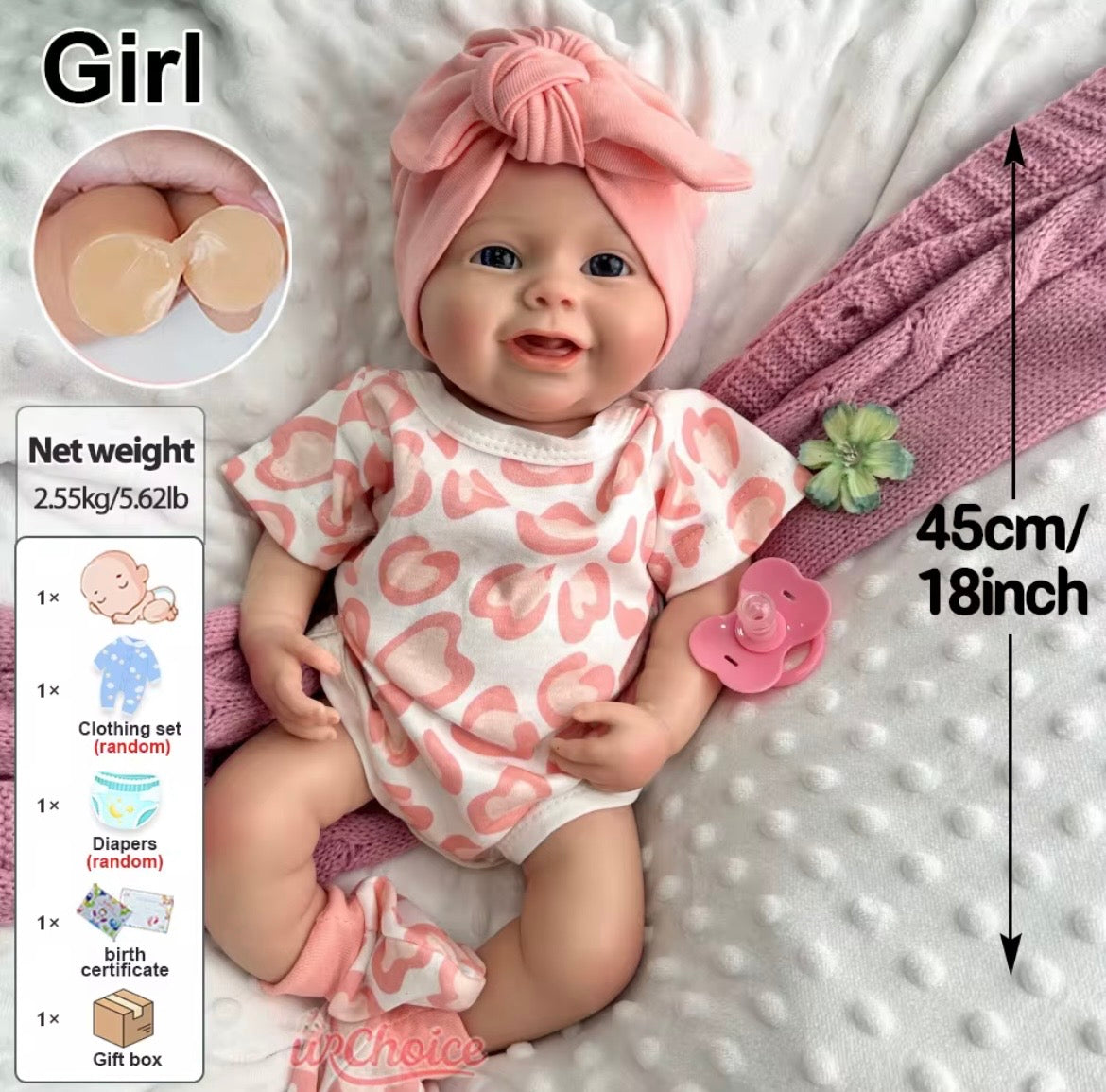 🍼Bebé Reborn Niña Realista – 45cm | Sonriente y Ojos Abiertos