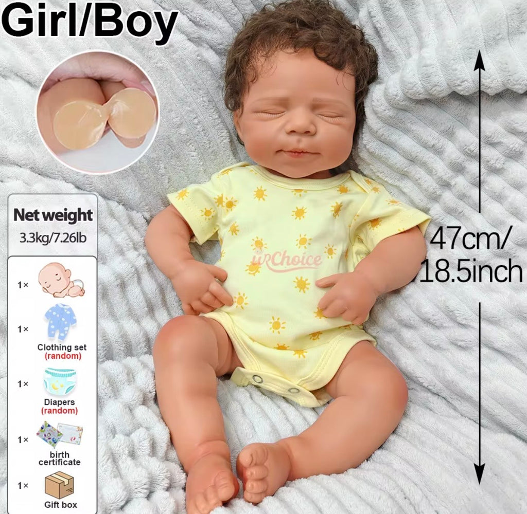 🍼Bebé Reborn de Silicona – 48 cm, Pelo Rizado Castaño Injertado a Mano, Realismo Premium