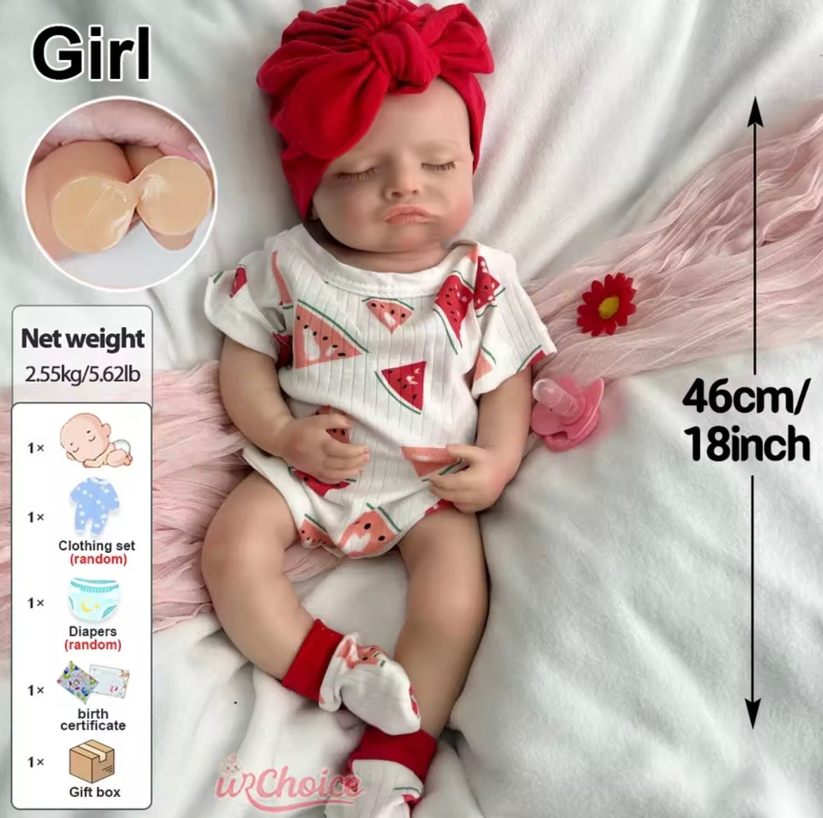 Muñeca Reborn de silicona suave, niña de 18" (46 cm)