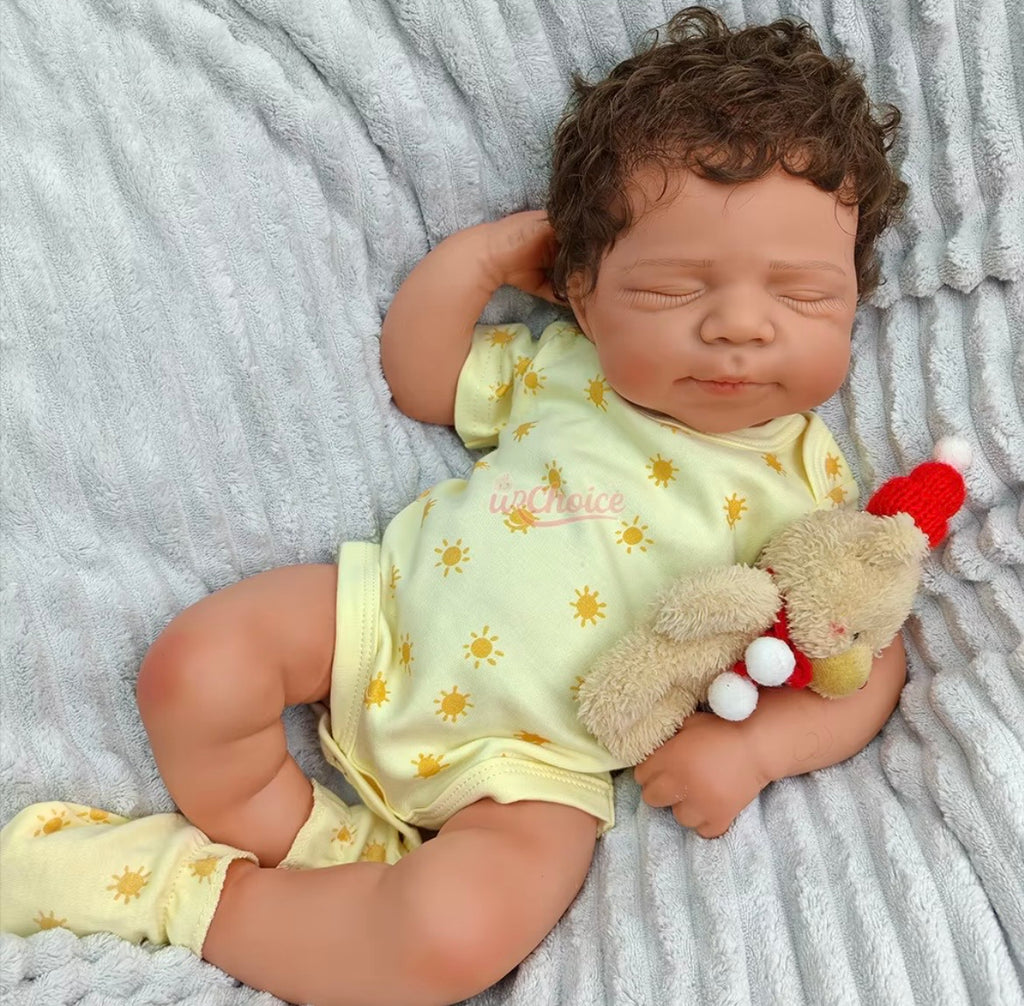 🍼Bebé Reborn de Silicona – 48 cm, Pelo Rizado Castaño Injertado a Mano, Realismo Premium