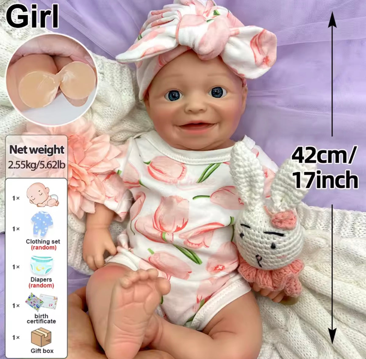 🍼Bebé Reborn Luna de Silicona de 43 cm y 2,3 kg – Muñeca Realista Premium