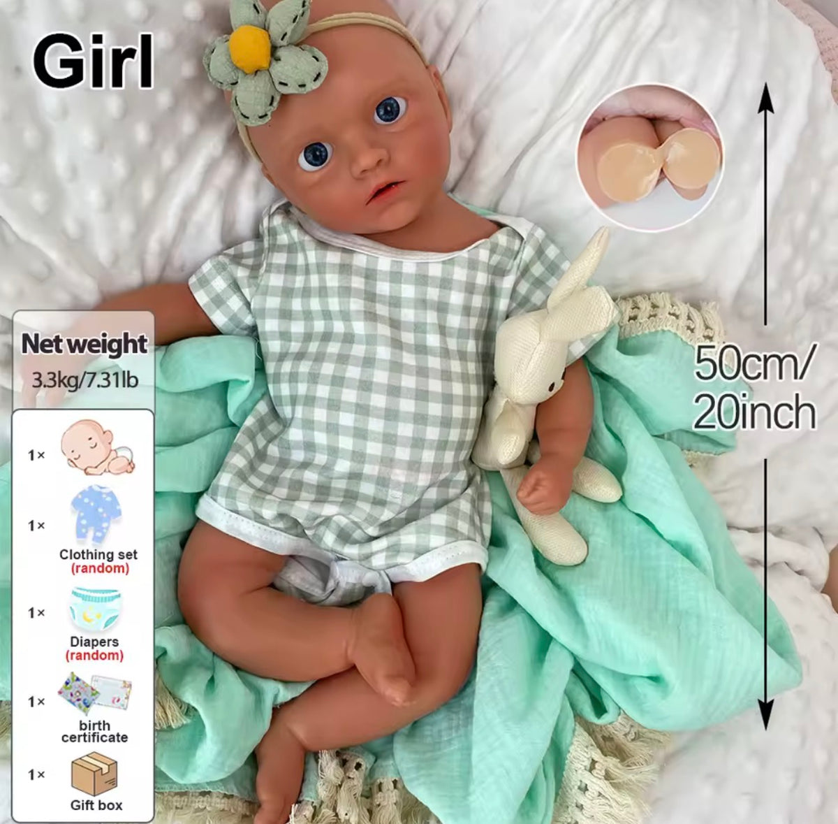 🍼Bebé Reborn Valentina de Silicona de 50 cm y 3,3 kg – Muñeca Realista con Ojos Azules
