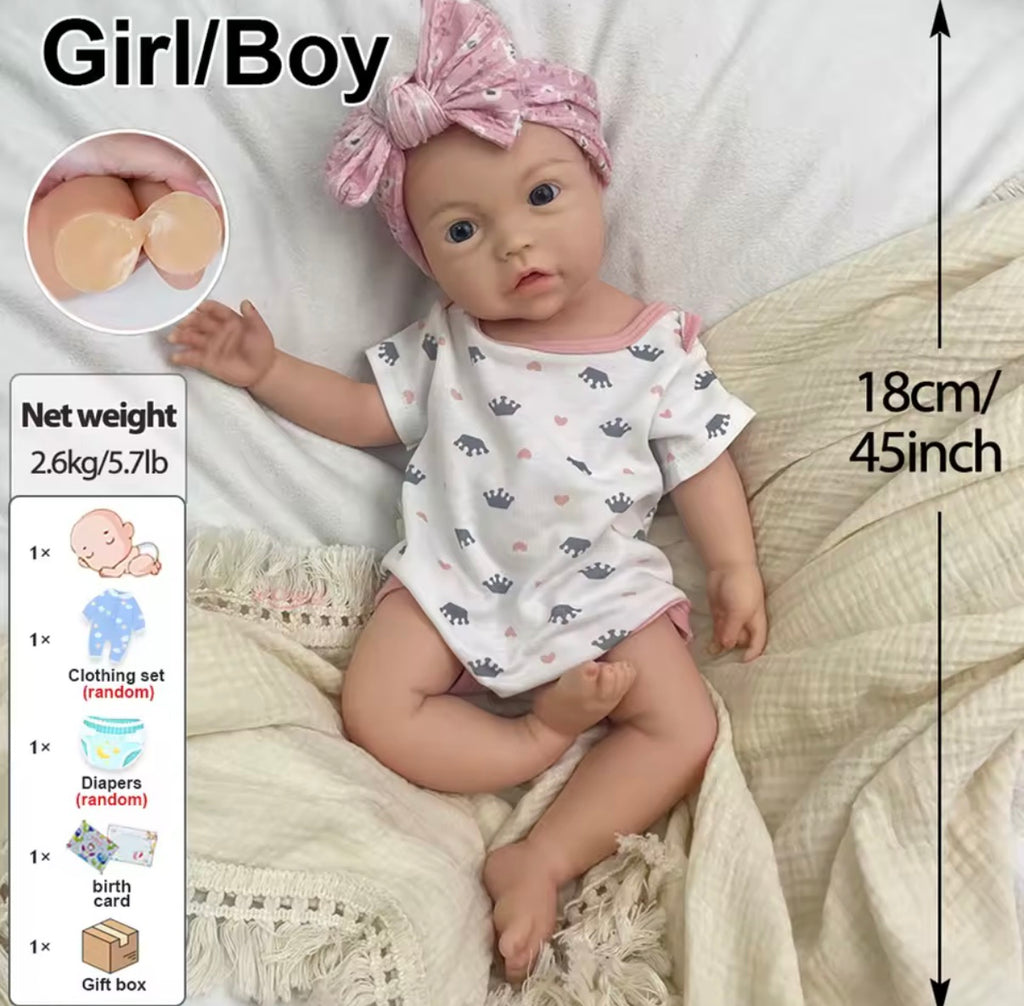 🍼Bebé Reborn de Silicona de 45 cm y 2,6 kg – Niño o Niña, Ojos Azules