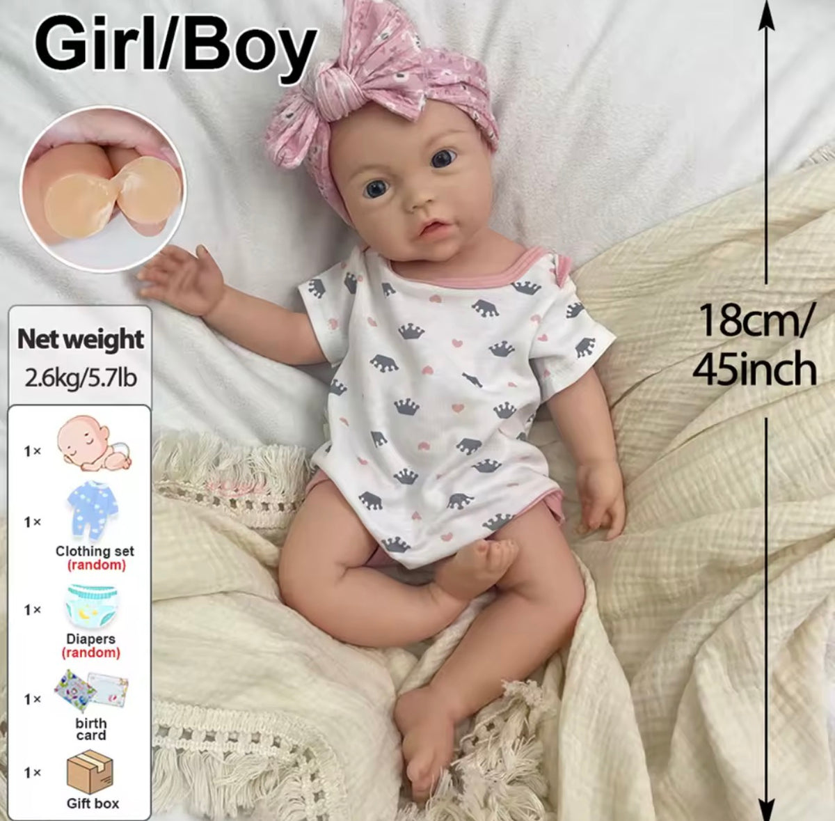 🍼Bebé Reborn de Silicona de 45 cm y 2,6 kg – Niño o Niña, Ojos Azules